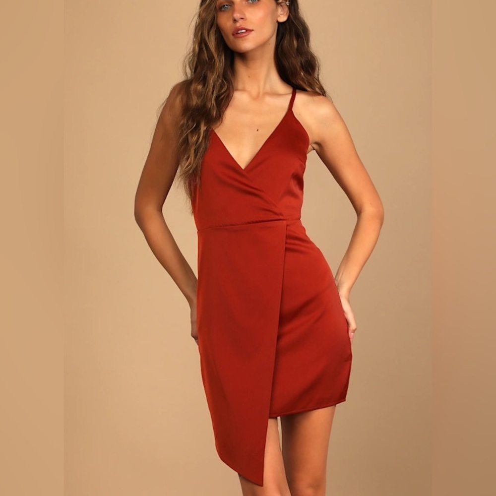 Women's | Lulus What a Stunner Rust Orange Satin Asymmetrical Mini Dress | Large